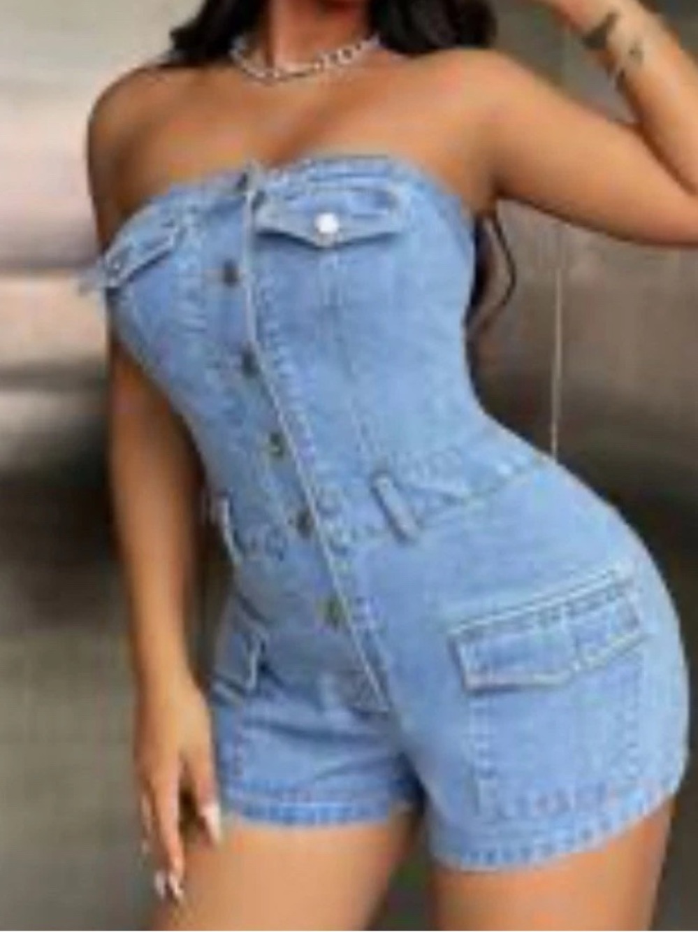 Strapless Denim Button Fitted Short Romper Size Small - Picture 1 of 9